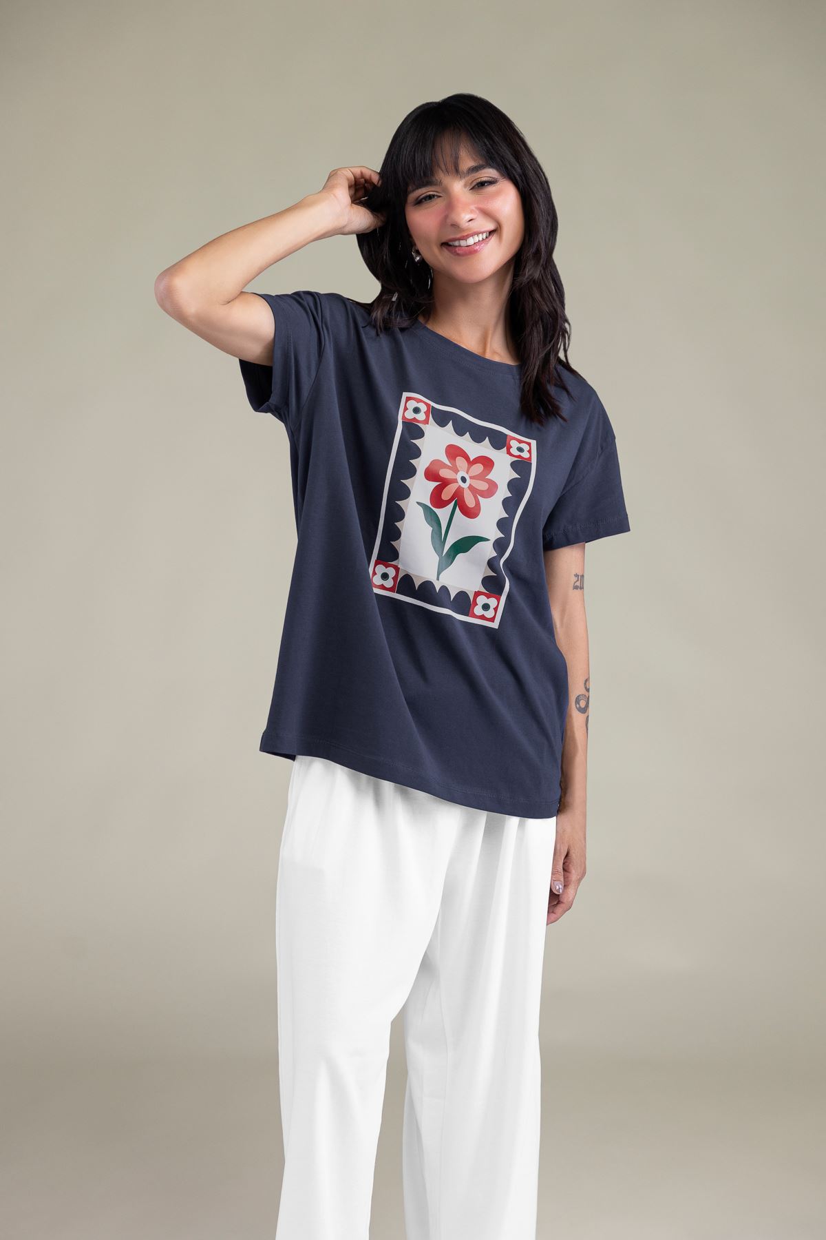 Embroidered Lycra Jersey Floral T-Shirt - 3-26-204-A-H1-VG