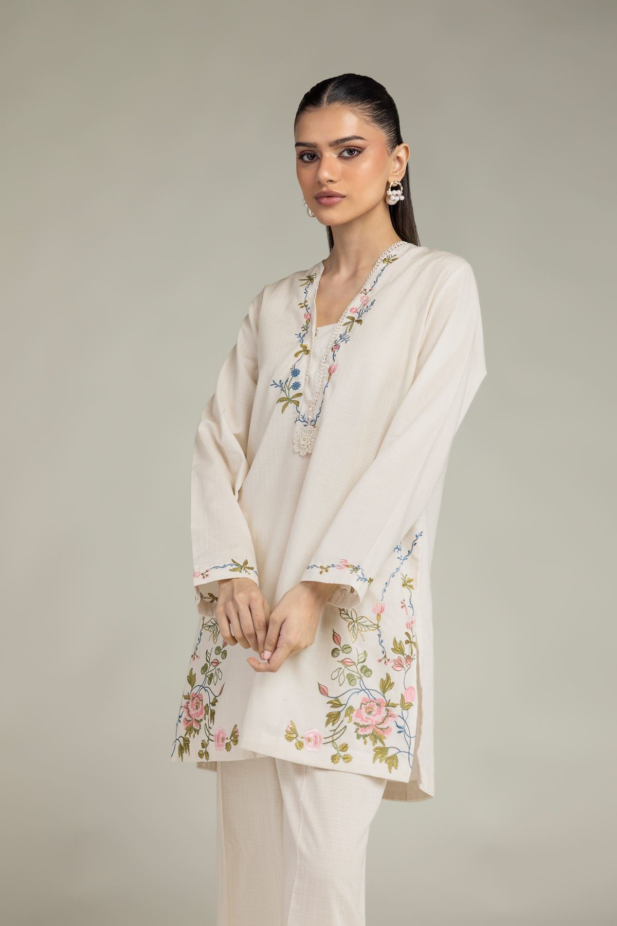 Embroidered Cotton Dobby Cotton V-Neck Kurta - 1-26-203-A-C1-VG