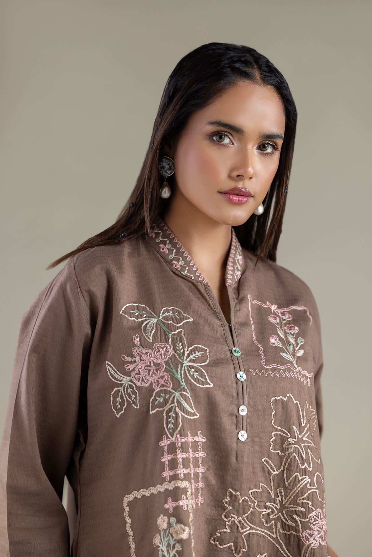 Embroidered Cotton Dobby Floral V-Neck Kurta - 1-26-114-A-F-VG