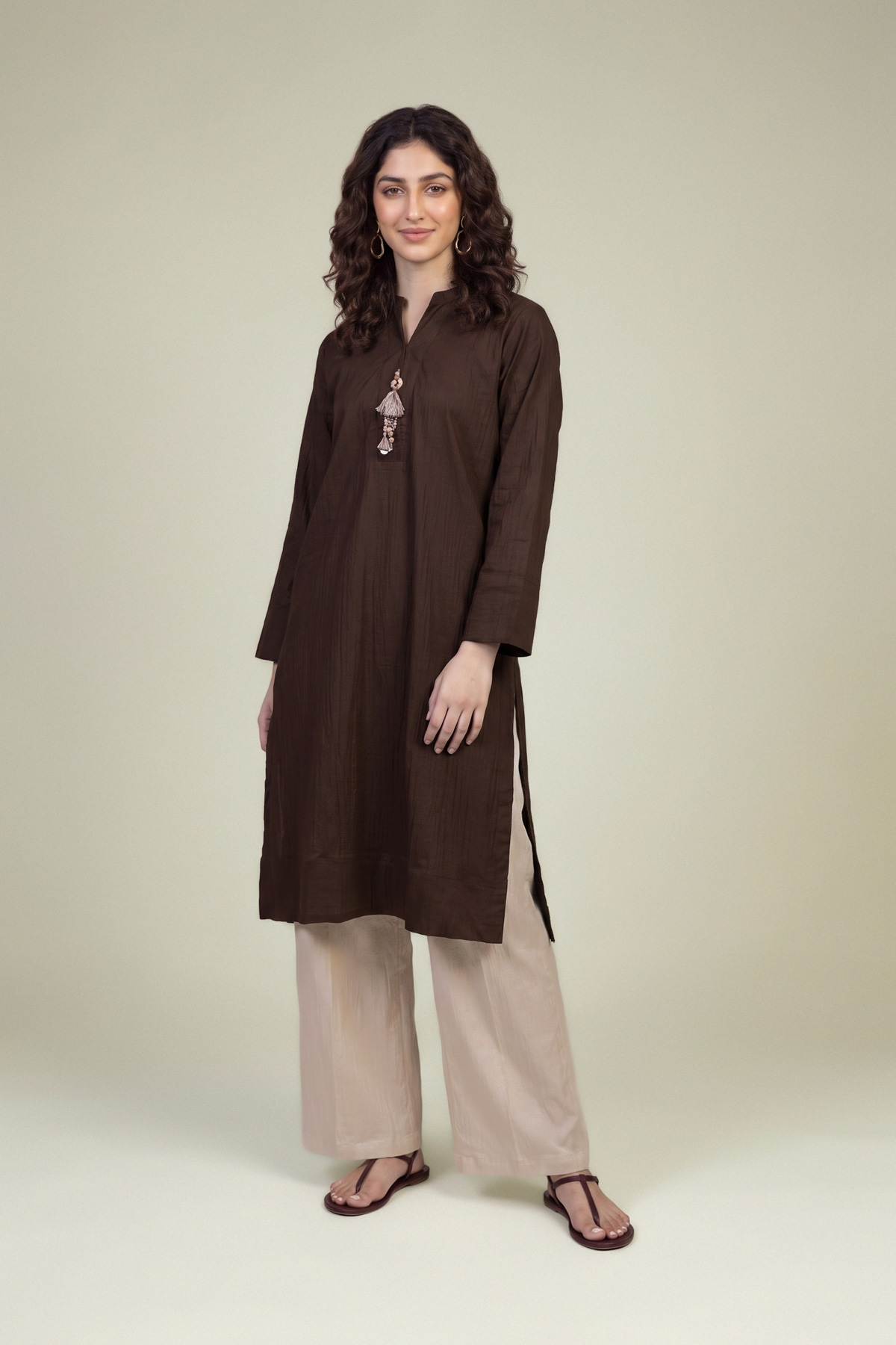 Embroidered Cotton Crinkle Cotton Solid Pants - 1-26-102-A-F-VG