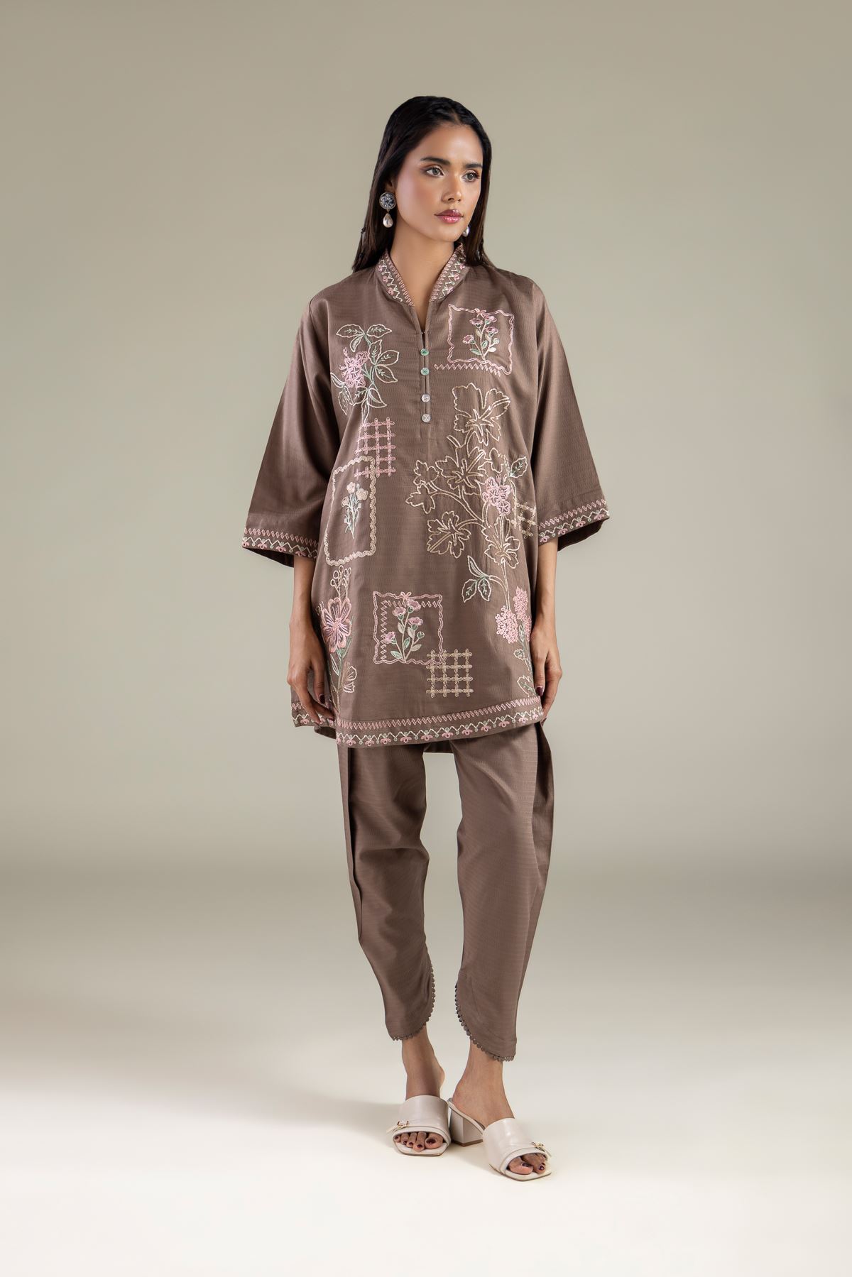 Embroidered Cotton Dobby Floral V-Neck Kurta - 1-26-114-A-F-VG