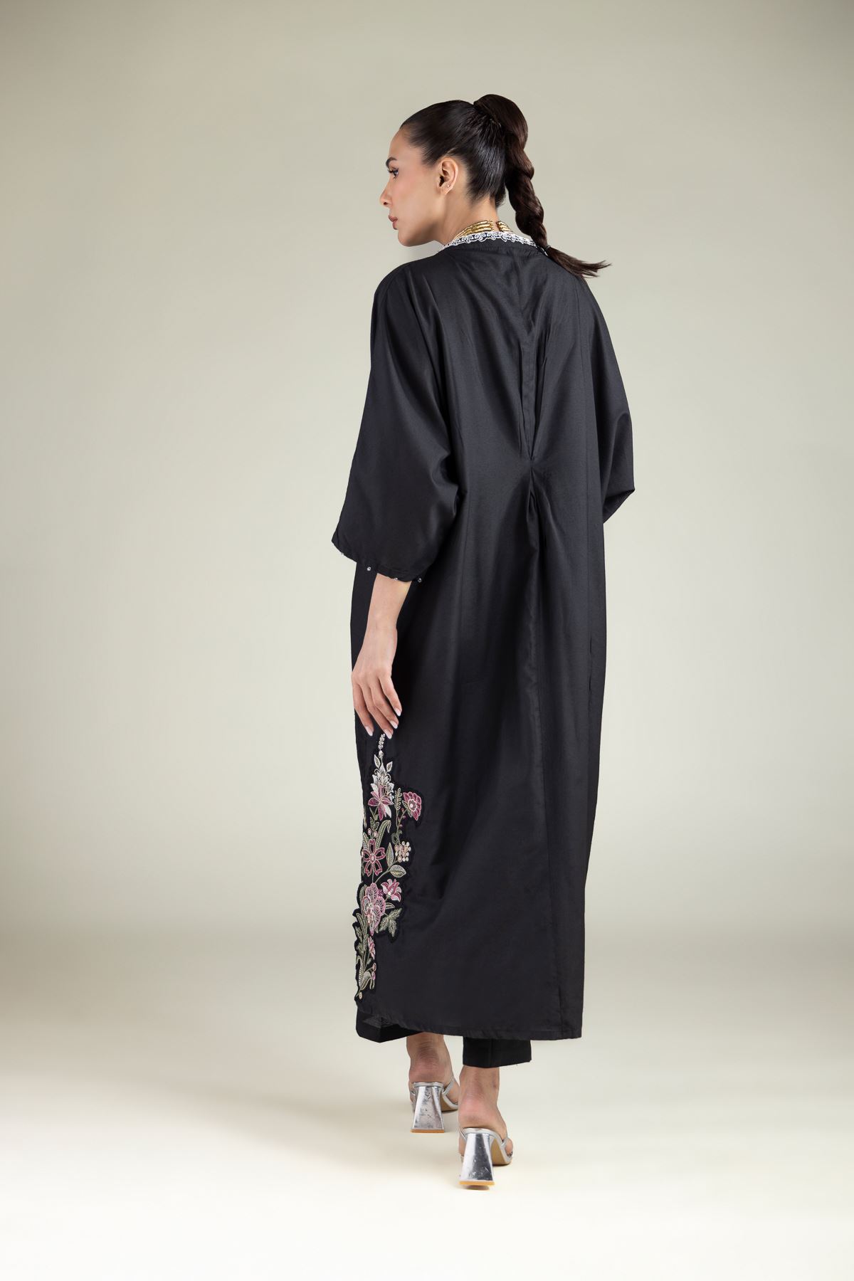 Embroidered Raw Silk Floral Longline Kurta - 2-26-108-F-D-VG