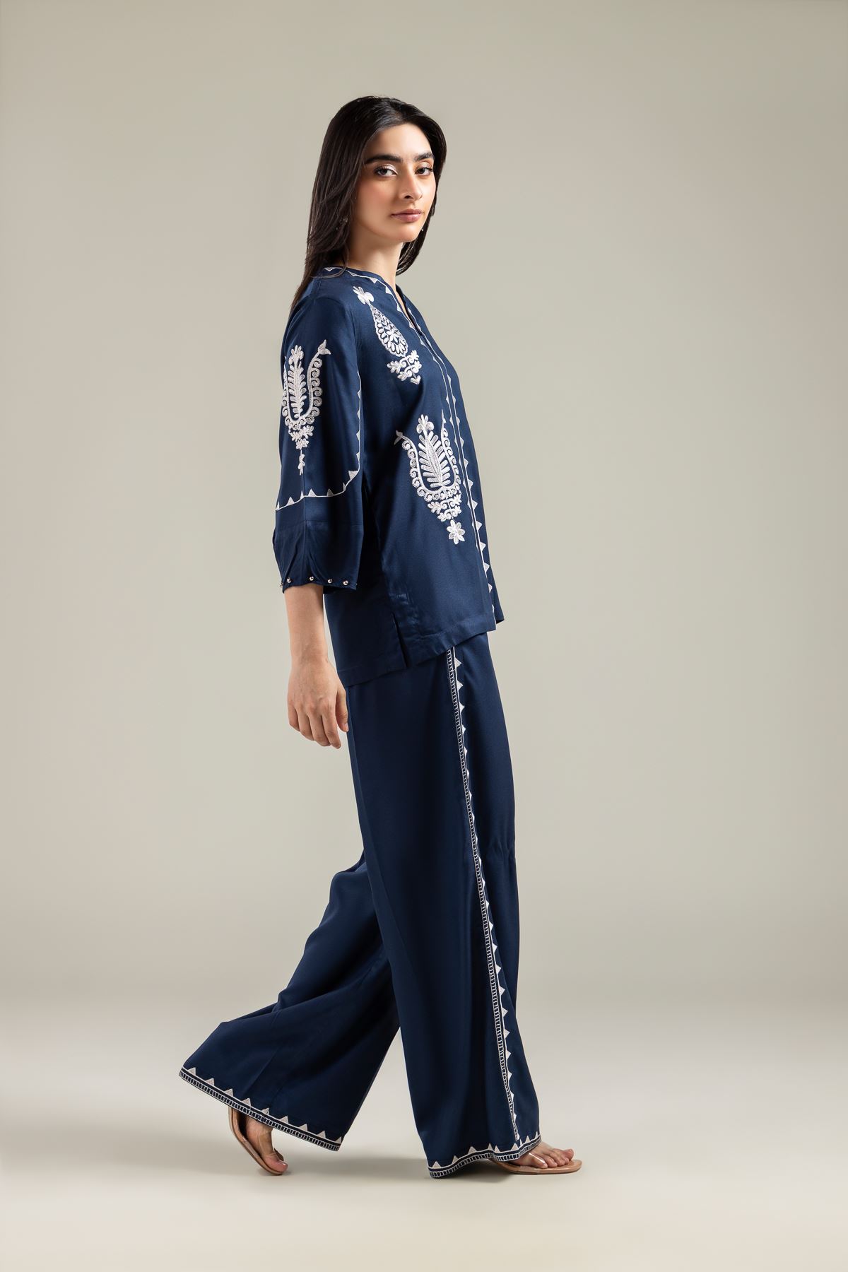 Embroidered Viscose Crepe Embroidered Navy Blouse - 1-26-142-A-D-VG