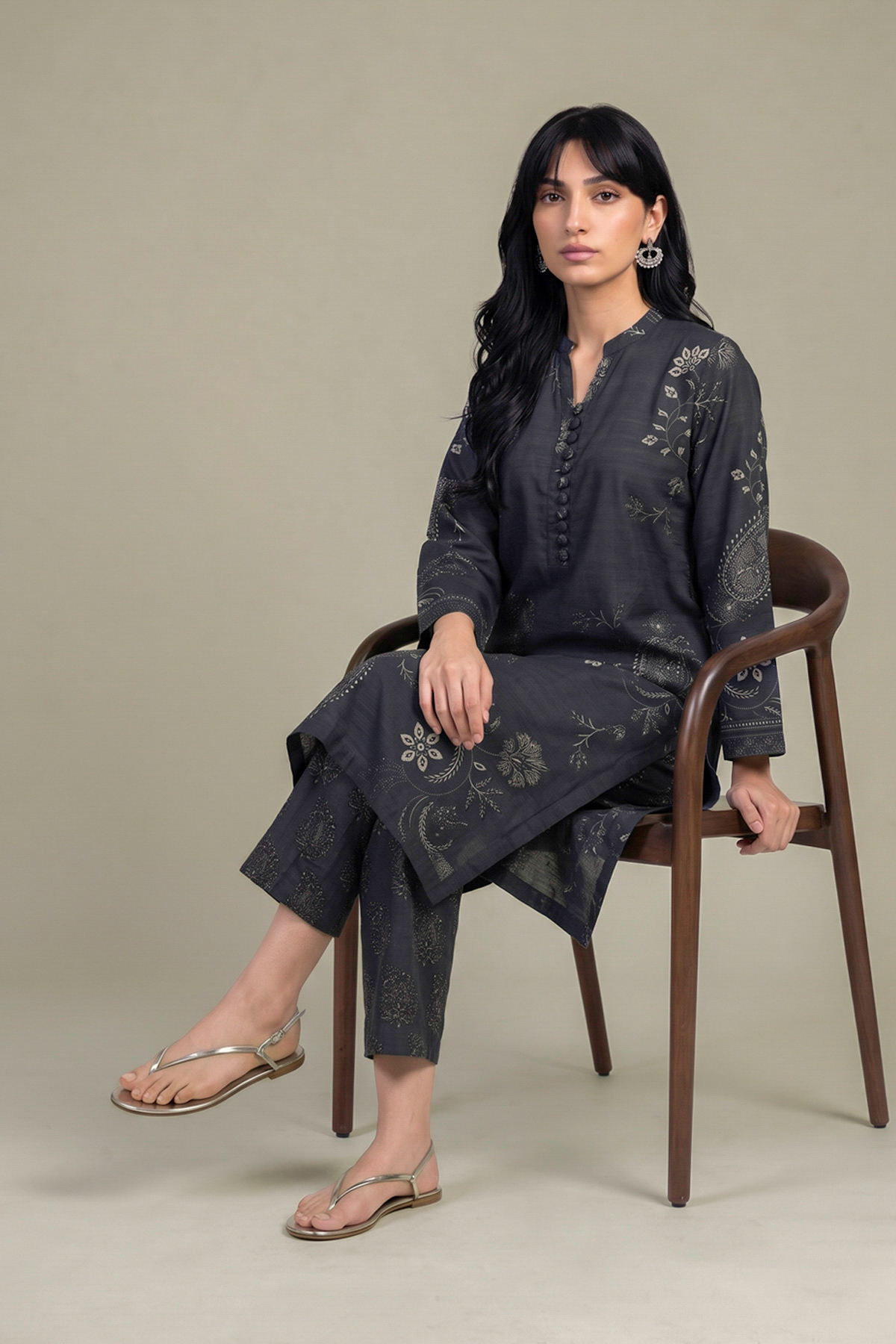 Printed Light Khaddar Black V-Neck Kurta - 2-26-403-A-E1-VG