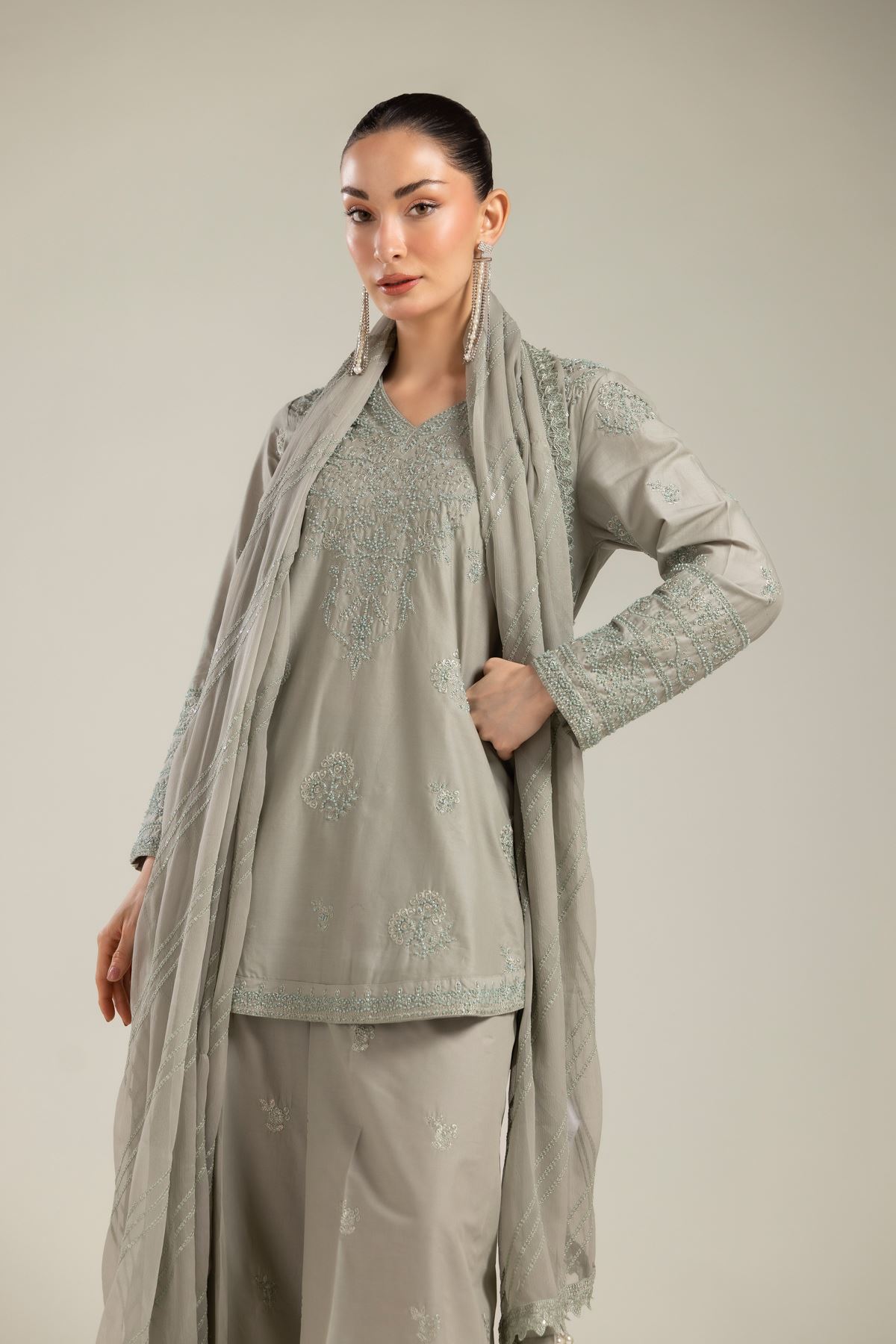 Embroidered Raw Silk 3 Piece Co-ord Set - T-A22-26-124FC1-VG