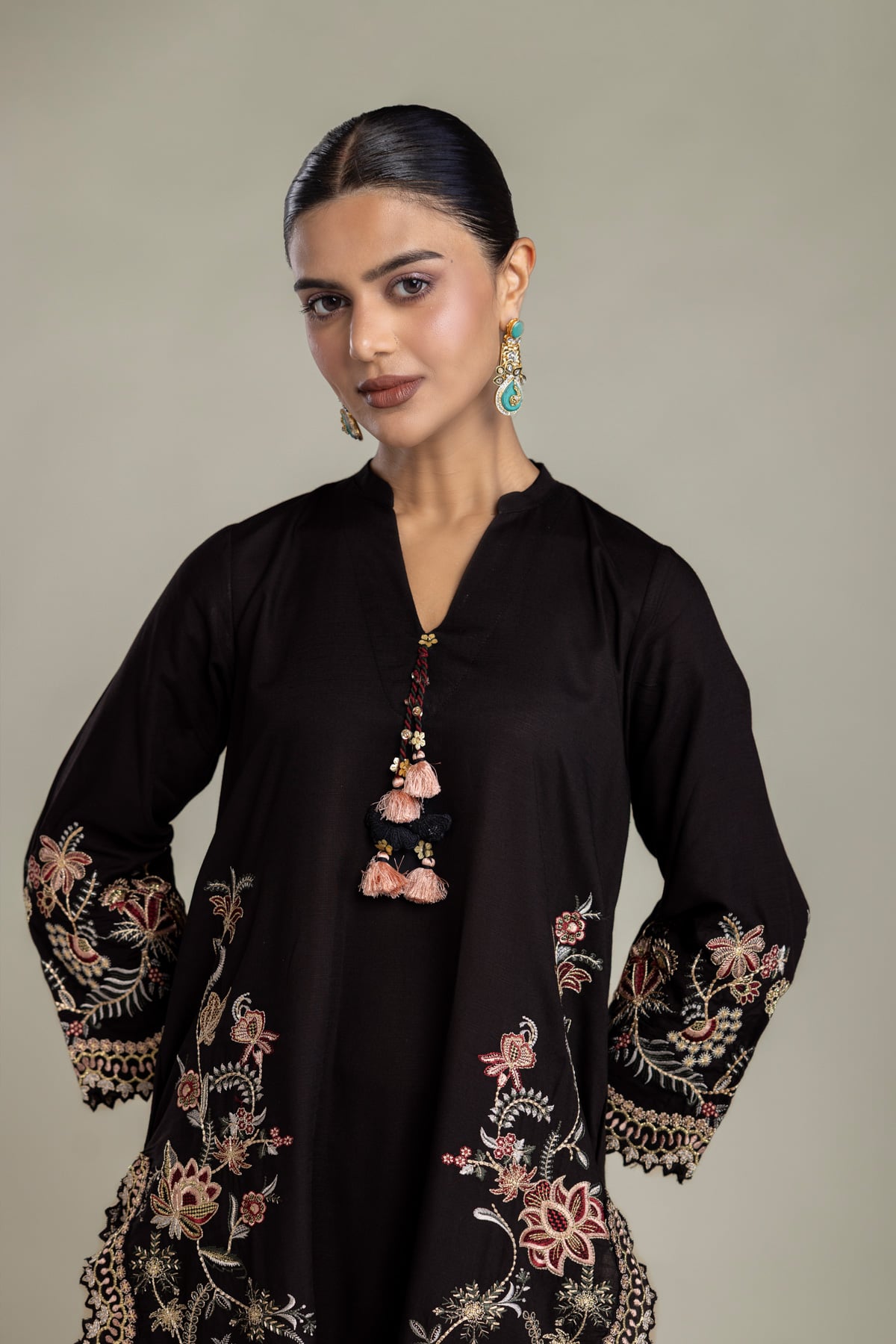 Embroidered Raw Silk Floral Black Kurta - 2-26-202-A-D-VG