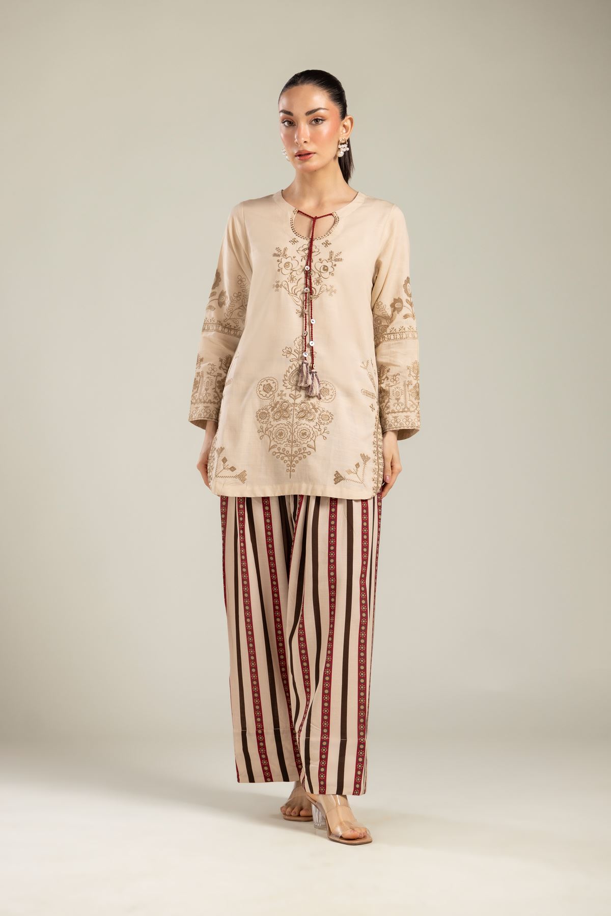 Embroidered Raw Silk Floral Beige Kurta - 2-26-202-A-E-VG
