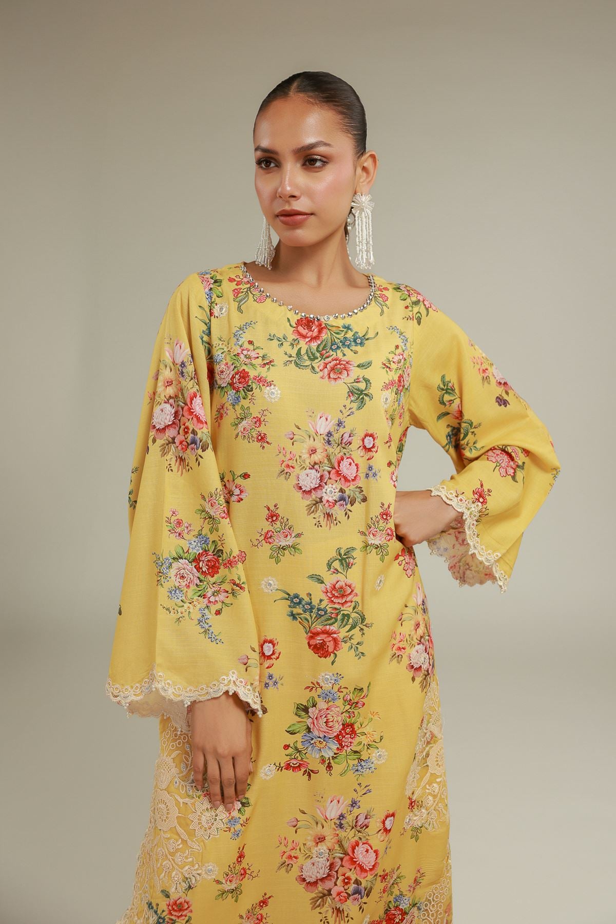 Embroidered Raw Silk Floral Lace Kurta - 2-26-104-A-E-VG