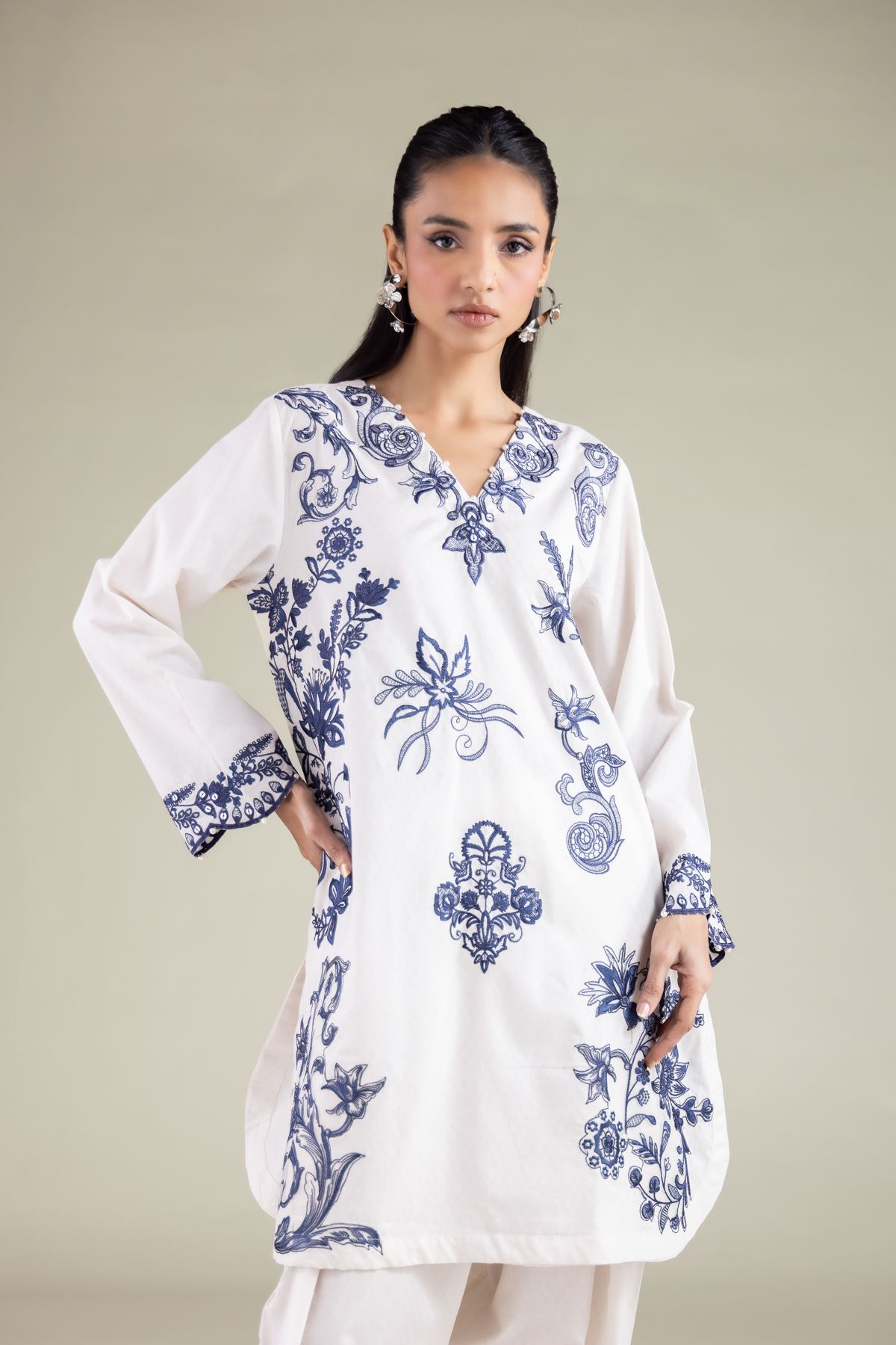 Embroidered Cotton Dobby Floral V-Neck Kurta - 1-26-108-A-F-VG