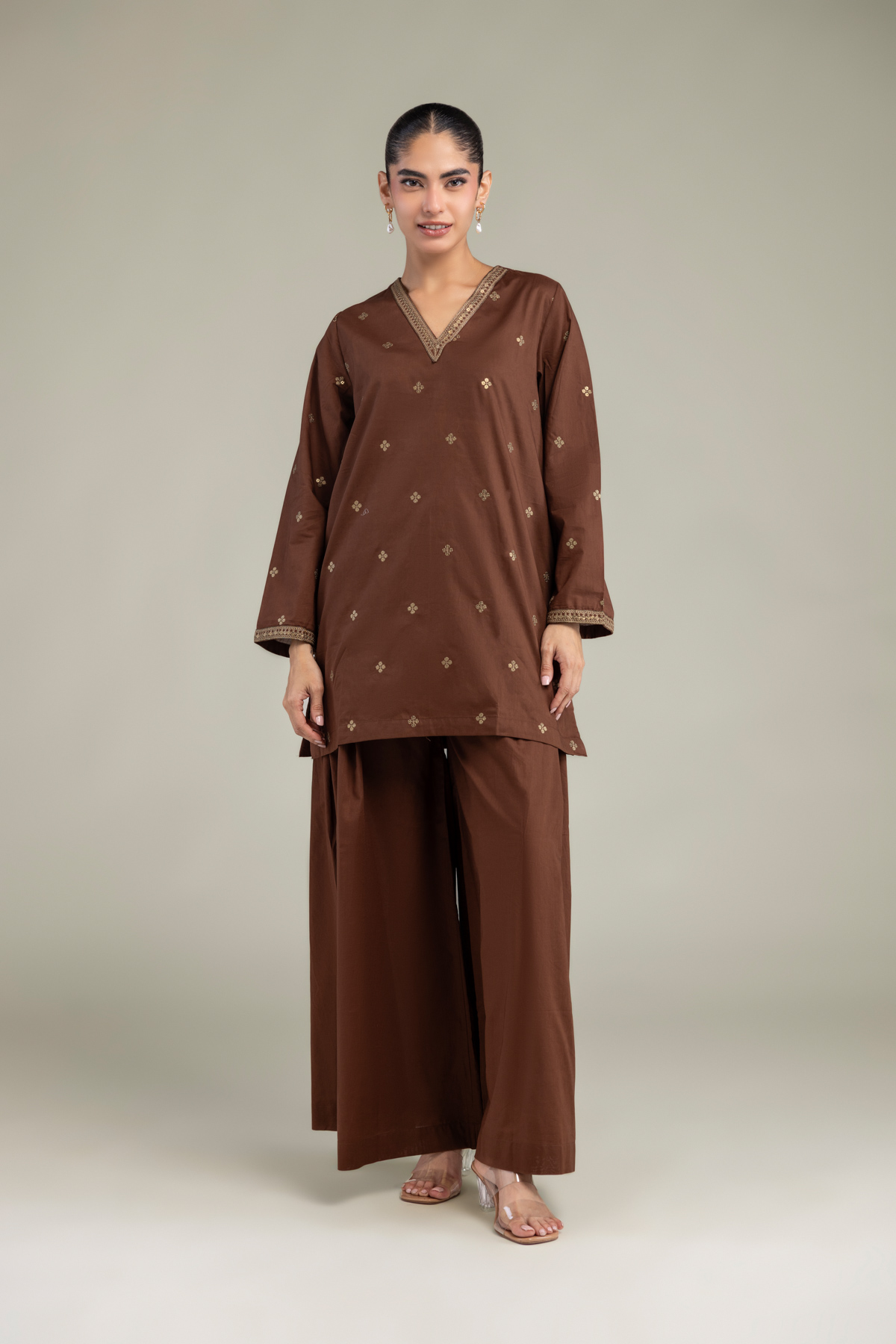 Embroidered Cambric Brown Solid Pants - 1-26-102-A-F-VG