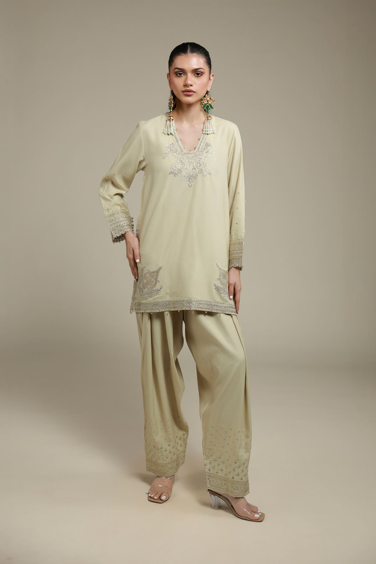 Embroidered Raw Silk 2 Piece Co-ord Set | Top and Bottom - A33-26-106FC-VG