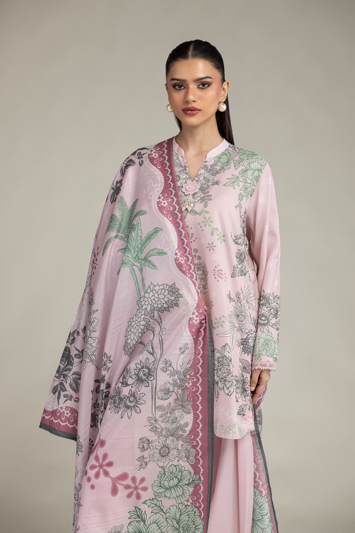 Embroidered Polyester Silk Floral Pink Dupatta - 2-26-208-A-F1-VG