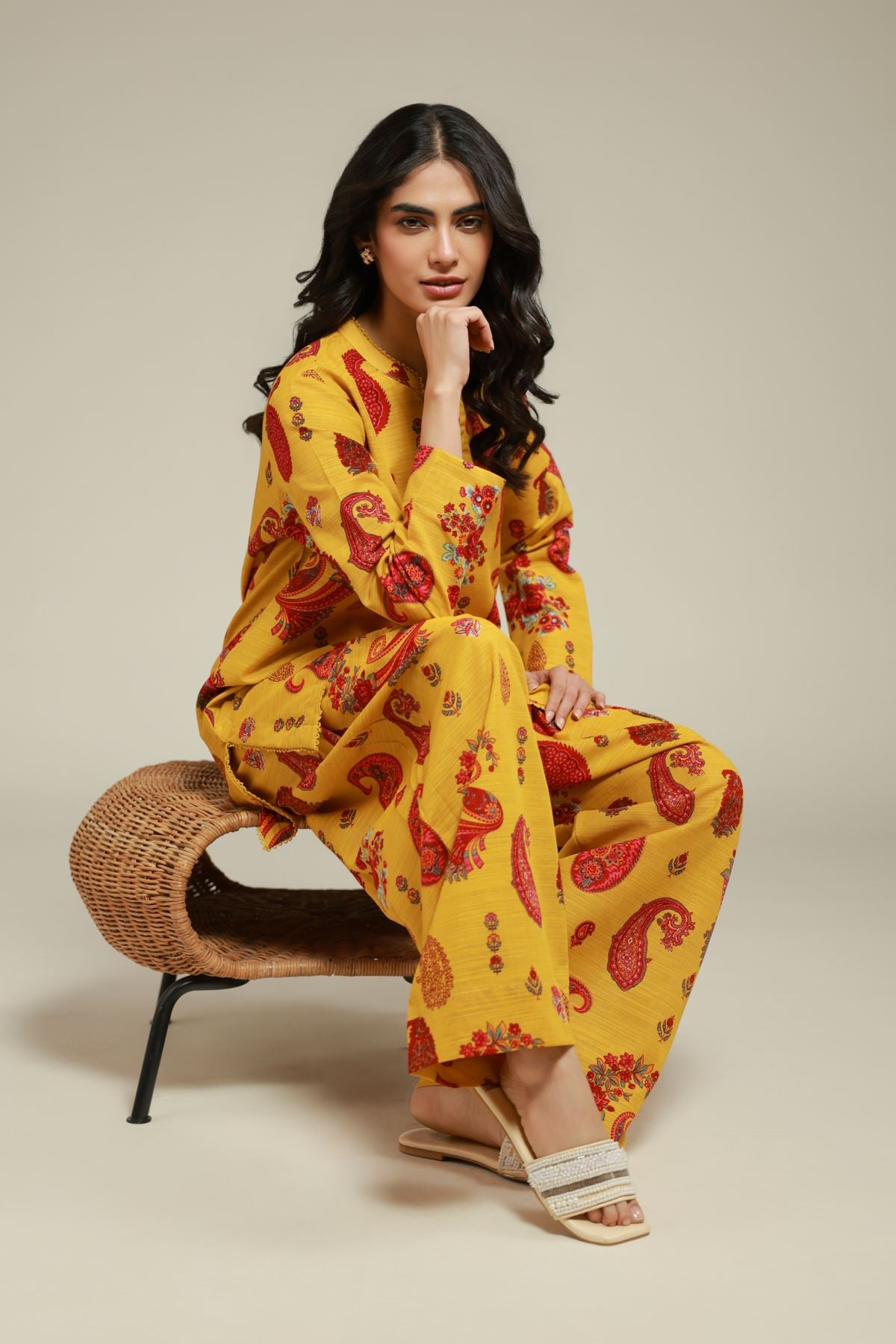 Printed Textured Cotton Paisley Floral Kurta - 1-26-101-A-C-VG