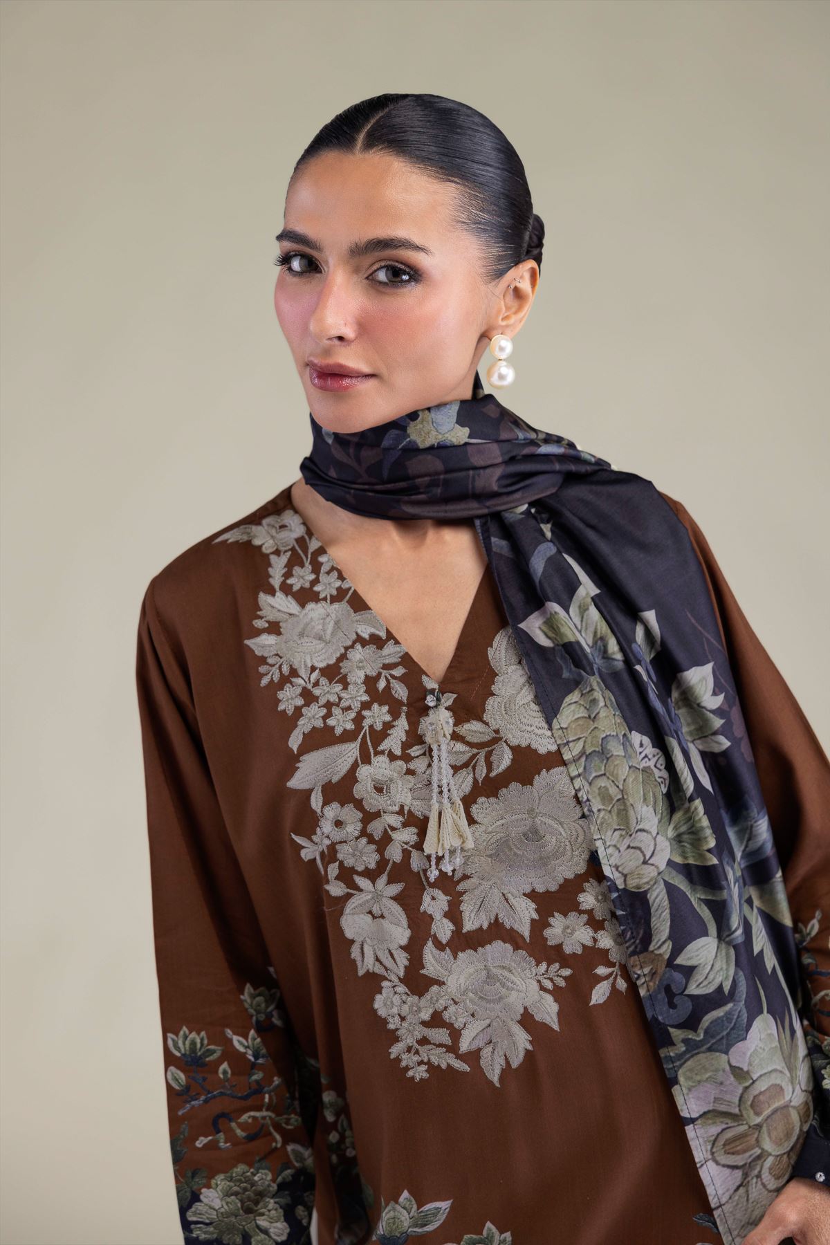 Embroidered Polyester Silk Brown Silk Dupatta - 2-26-206-A-F1-VG