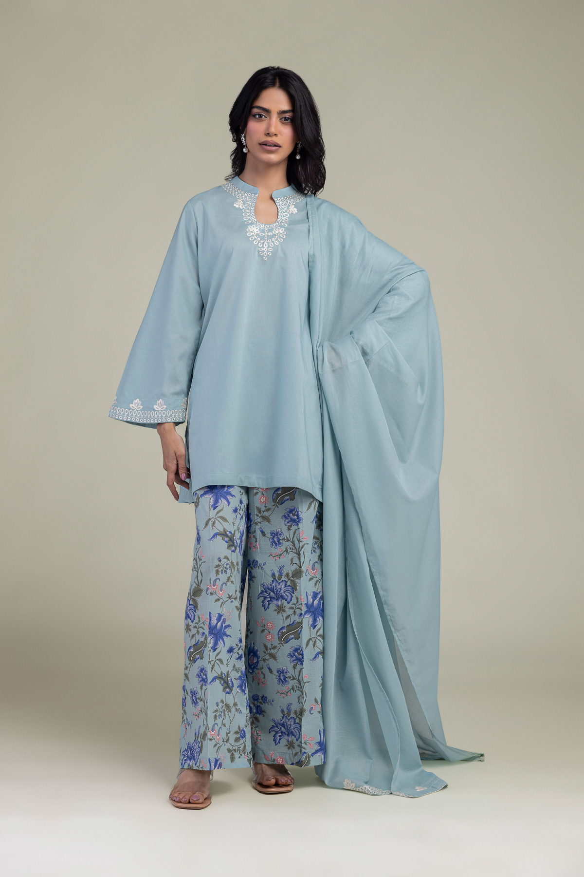 Embroidered Lawn Solid Blue Dupatta - 2-26-308-A-B1-VG