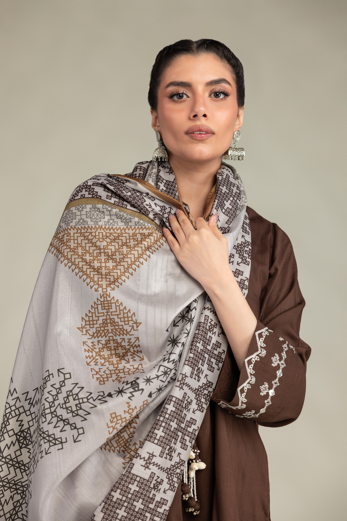 Embroidered Polyester Silk Brown Silk Dupatta - 1-26-102-A-F-VG