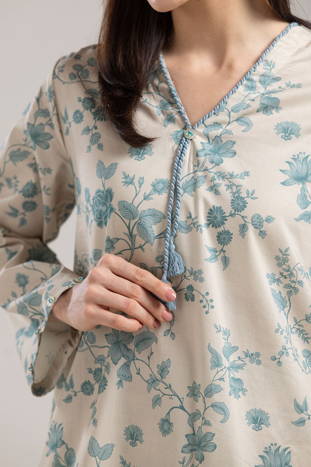 Printed Cotton Viscose Floral V-Neck Kurta - 1-26-204-A-F1-VG