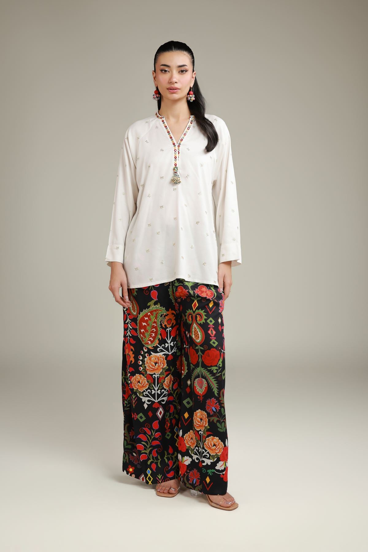 Embroidered Viscose Crepe Black Viscose Trousers - 6-26-103-A-F-VG