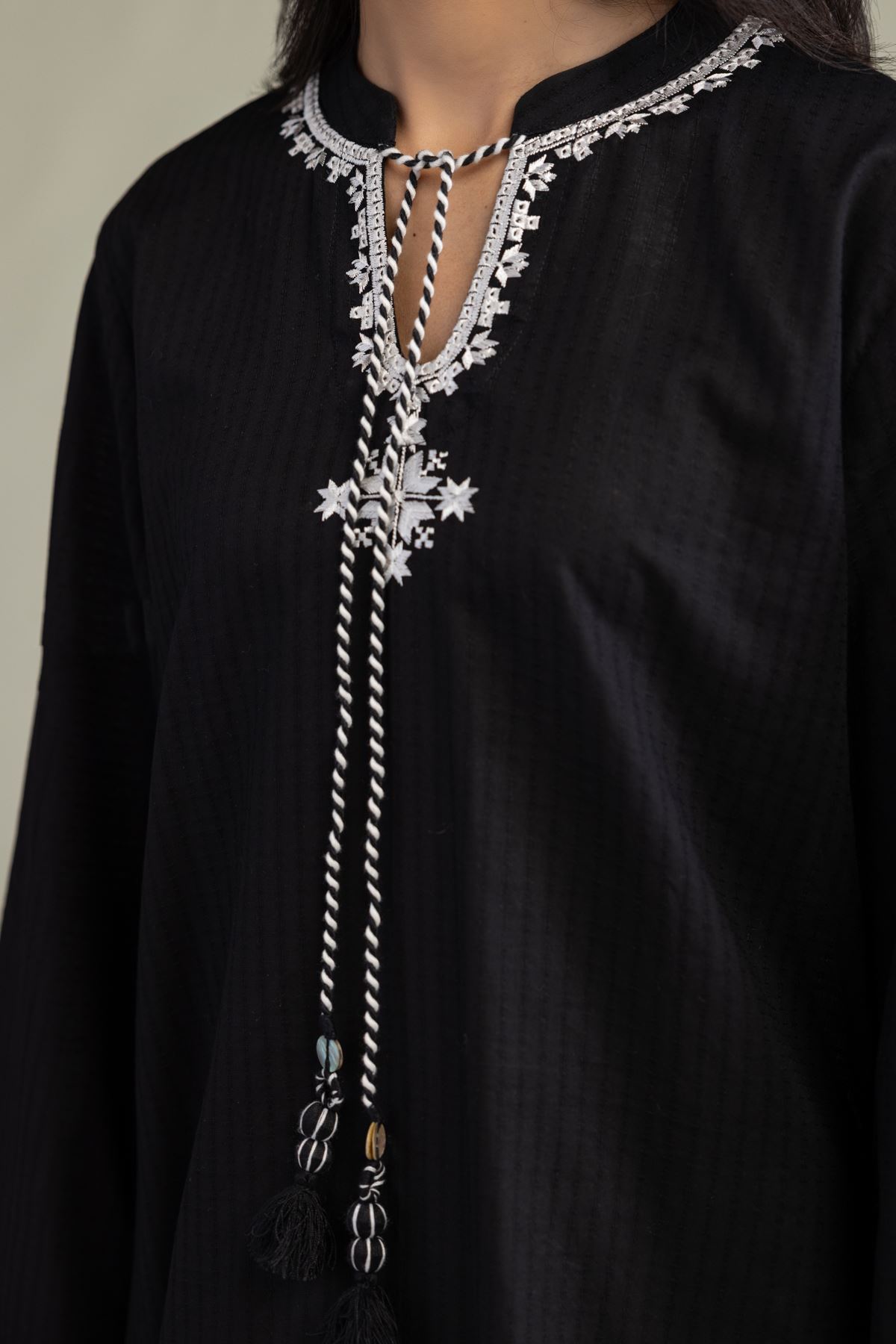 Embroidered Cotton Dobby Short Black Kurta - 1-26-317-B-D1-VG