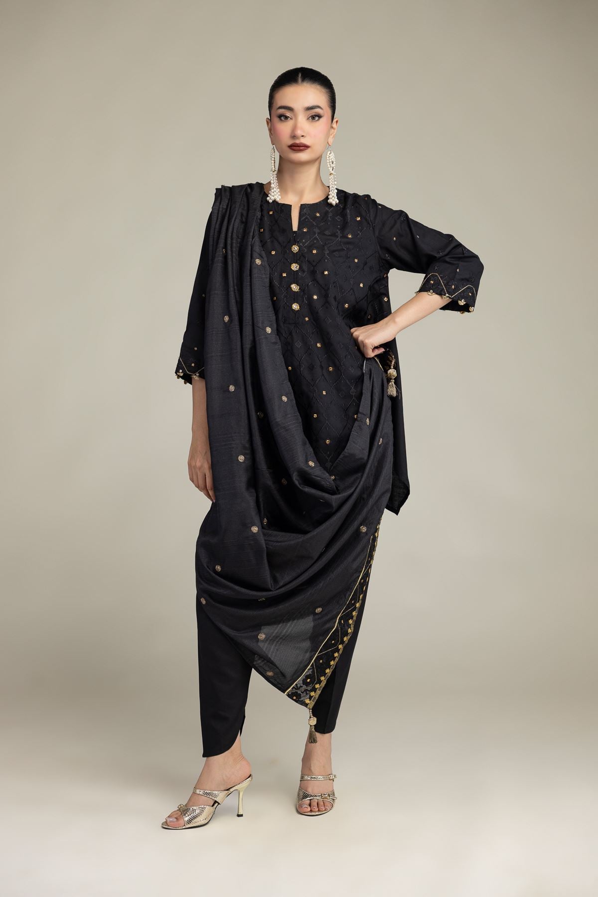 Embroidered Polyester Silk Black Silk Dupatta - 2-26-207-C-J1-VG