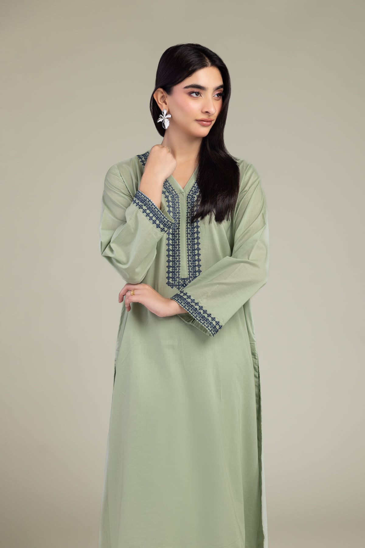Embroidered Cambric Long Mint Kurta - 1-26-102-A-F-VG