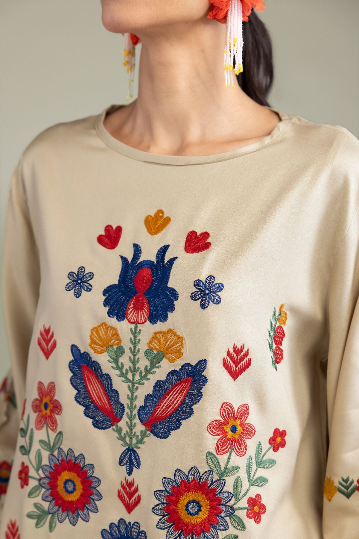 Embroidered Viscose Crepe Floral Beige Blouse - 6-26-202-A-G1-VG
