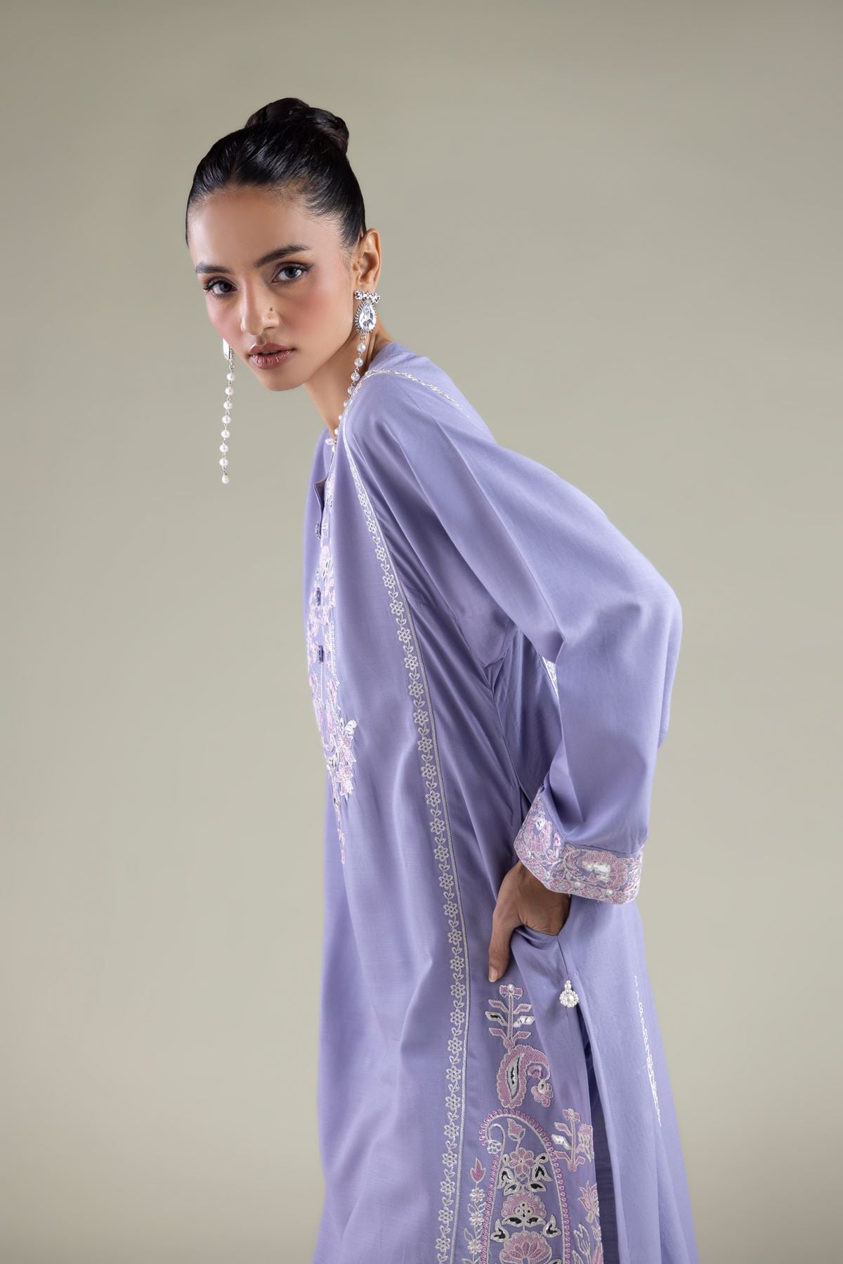 Embroidered Raw Silk Paisley Longline Kurta - 2-26-112-A-B-VG