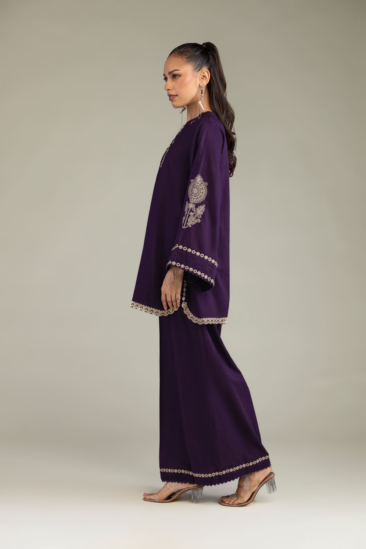 Embroidered Cambric Purple Cambric Pants - 1-26-244-A-G2-VG