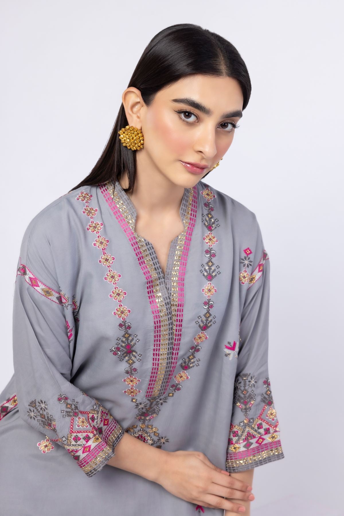Embroidered Russian Raw Silk Kurta - 25-04S19-02TA-VG