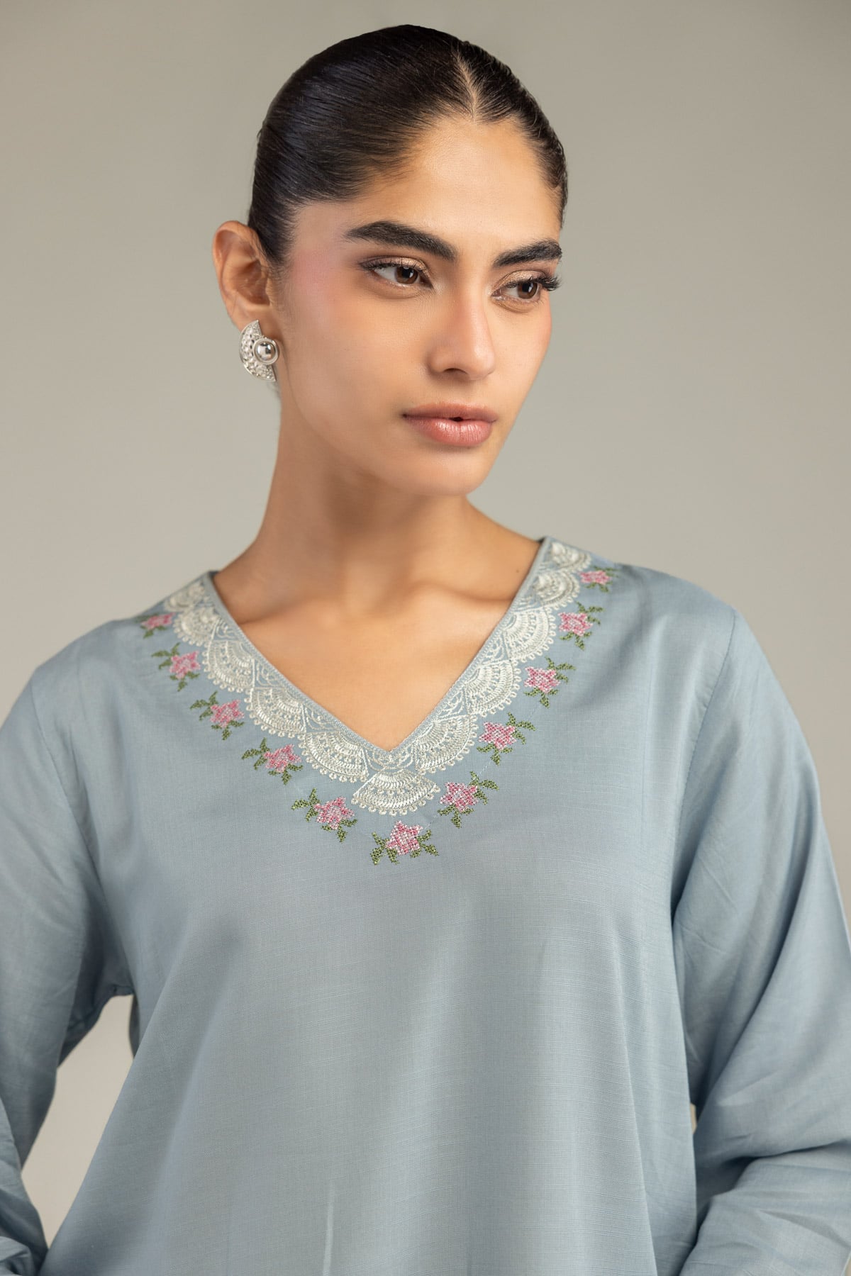 Embroidered Raw Silk Blue Floral Kurta - 1-26-102-A-F-VG