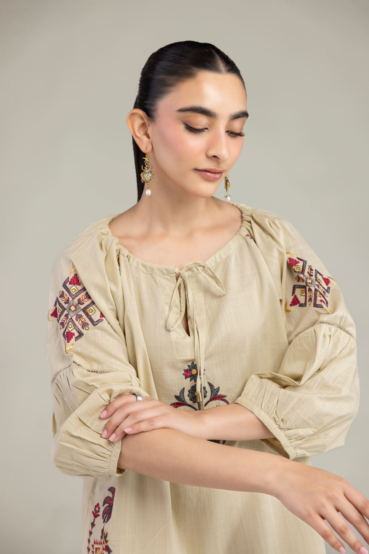 Embroidered Textured Cotton Floral Cotton Blouse - 6-26-204-A-D2-VG