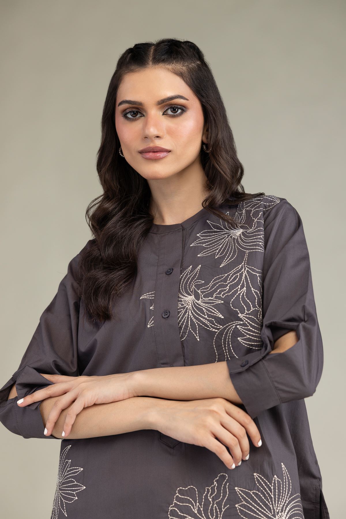 Embroidered Poplin Gray Poplin Shirt - 1-26-229-B-F1-VG