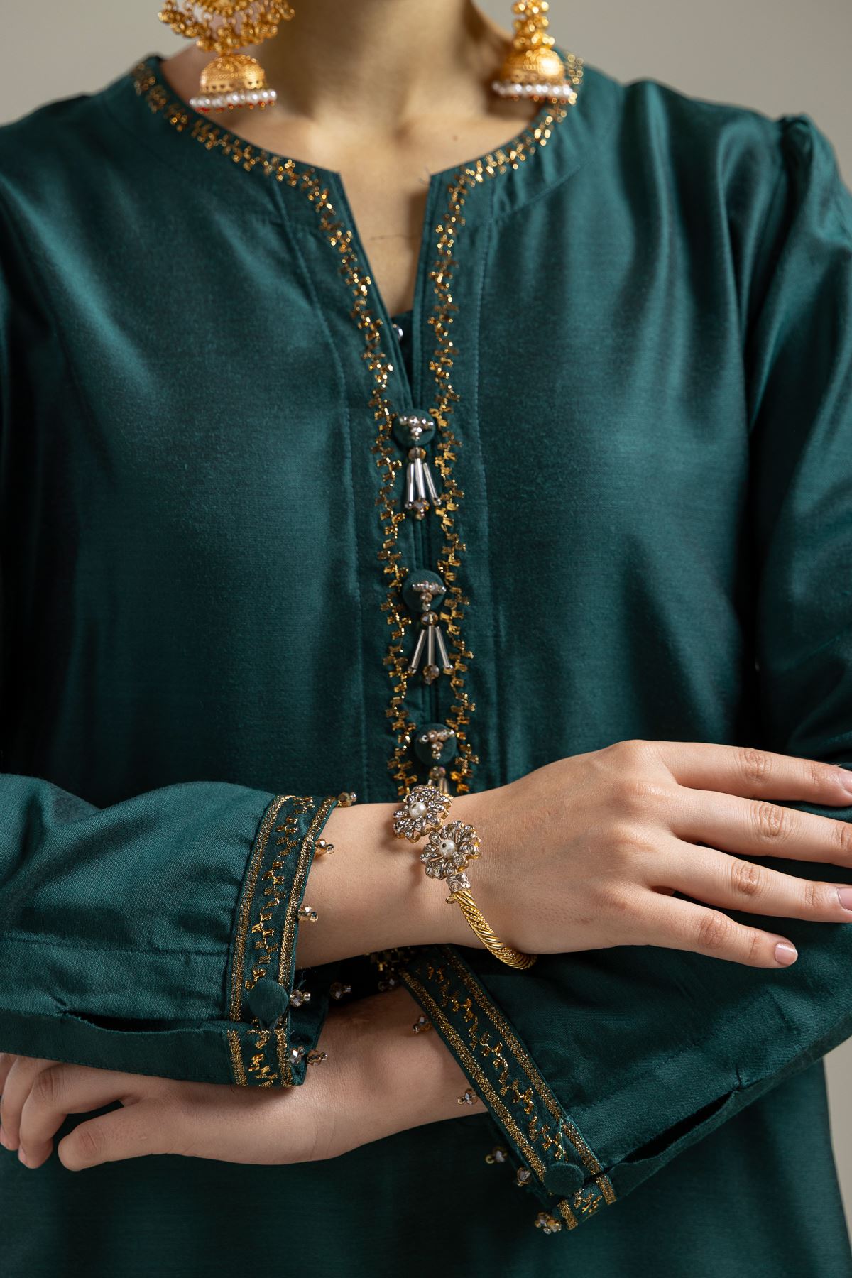 Raw Silk Green V-Neck Kurta - 2-26-107-A-F-VG