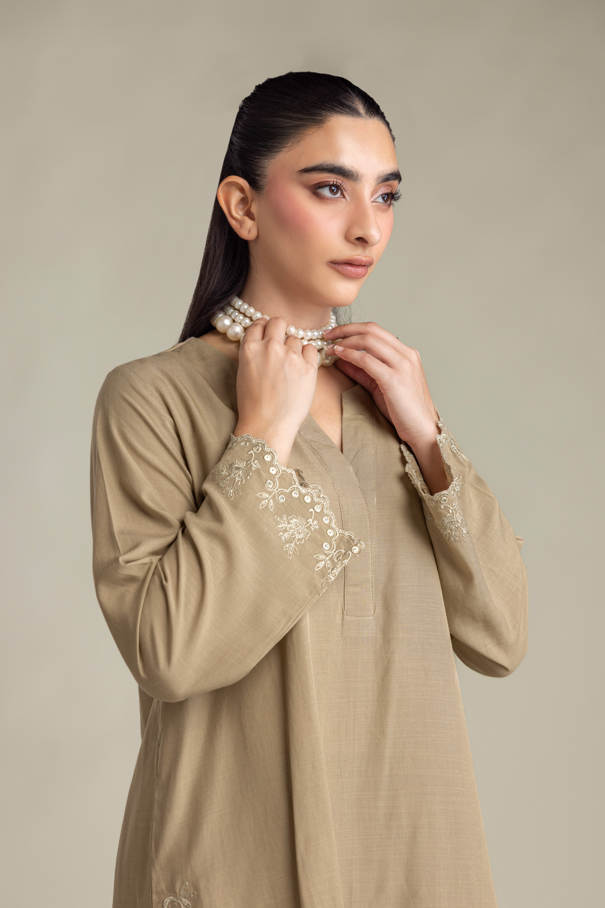 Embroidered Raw Silk V-Neck Beige Kurta - 2-26-418-A-H1-VG