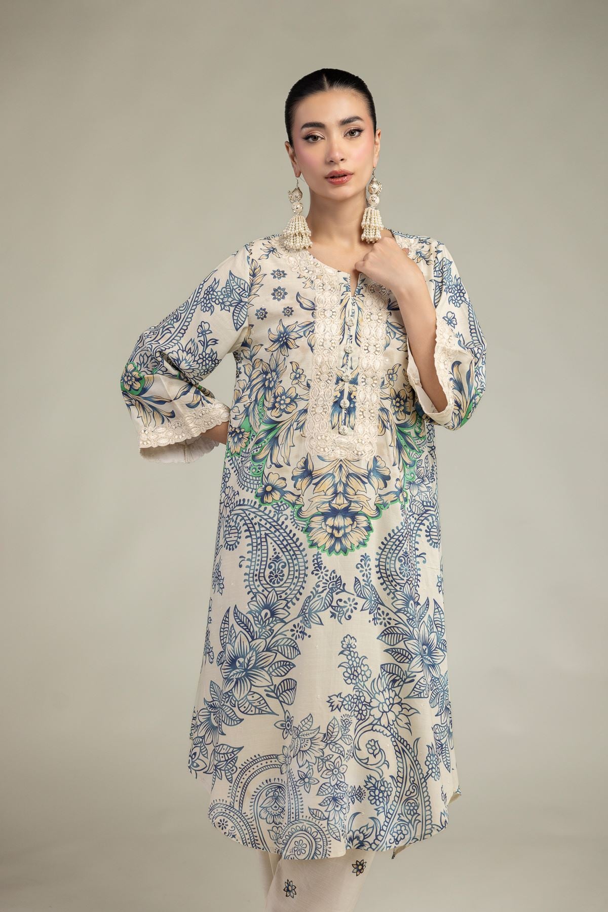 Embroidered Raw Silk Floral Round-Neck Kurta - 2-26-207-A-C1-VG