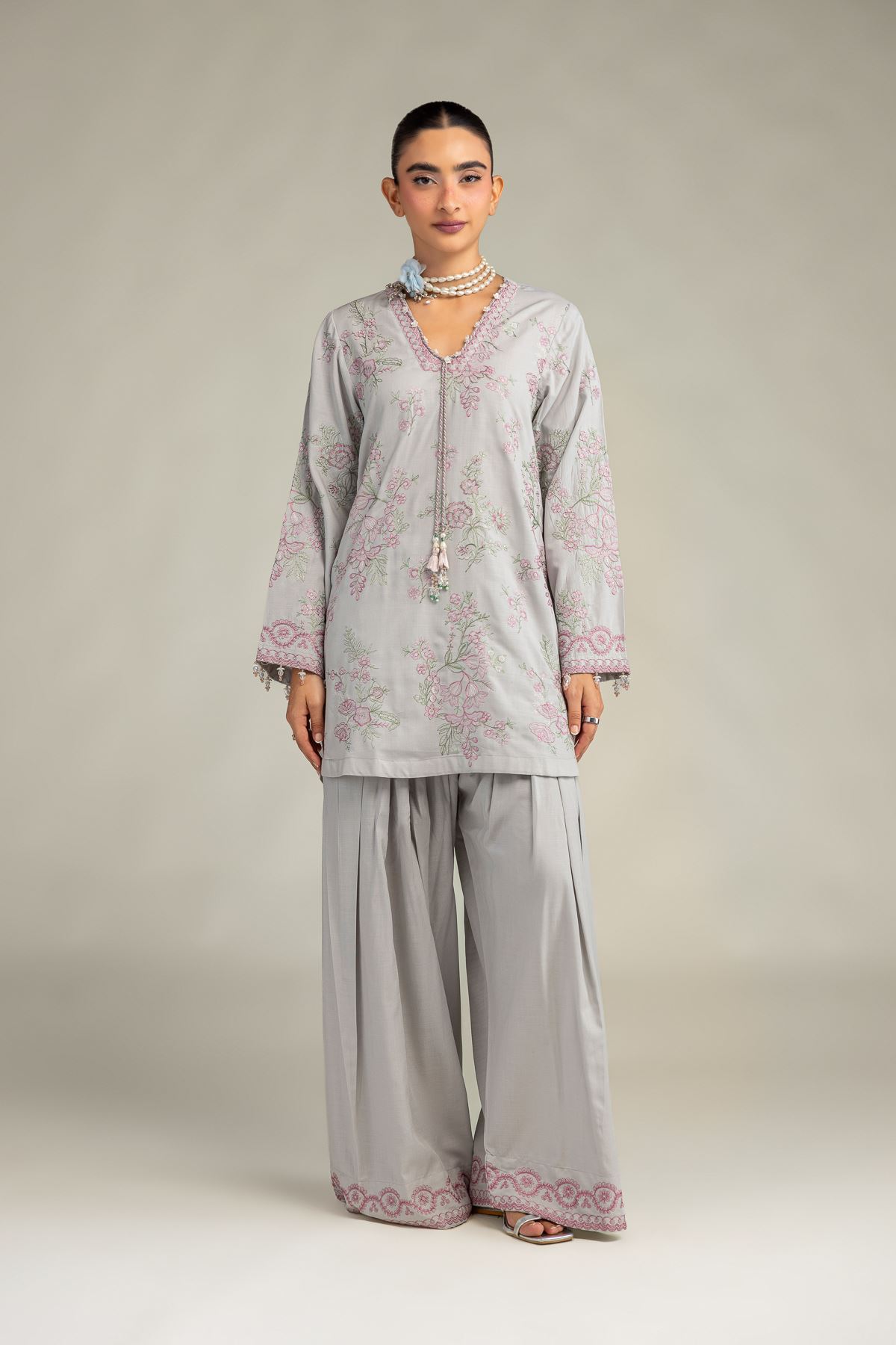 Embroidered Raw Silk Floral V-Neck Kurta - 1-26-322-B-A1-VG