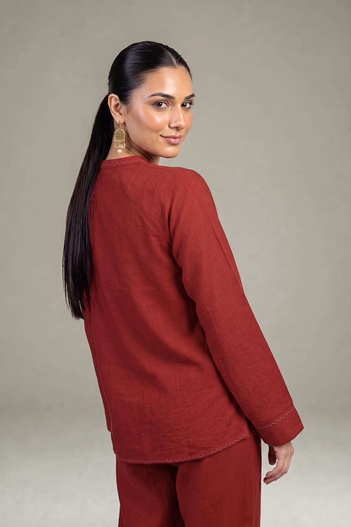 Dyed Crepe Rust V-Neck Tunic - 1-26-408-A-A1-VG