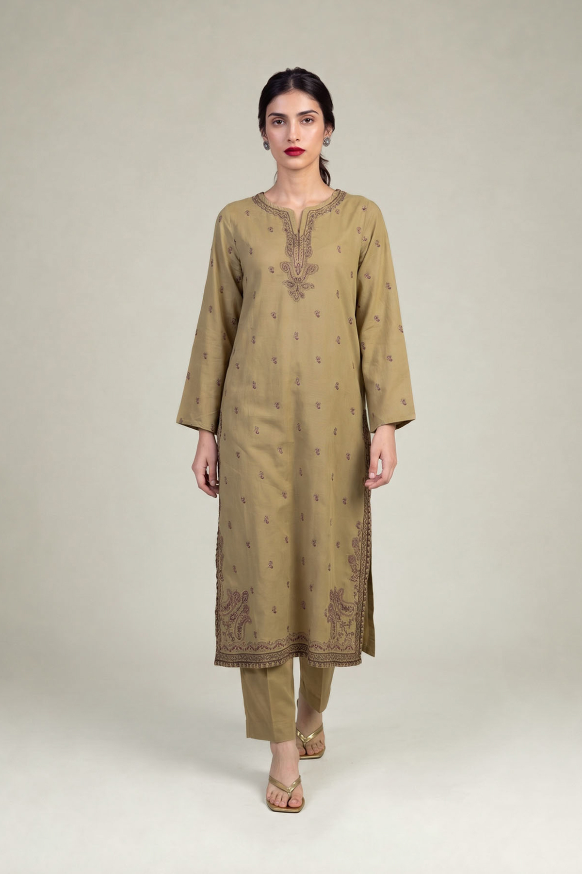 Embroidered Raw Silk Olive Silk Kurta - 1-26-309-B-D1-VG