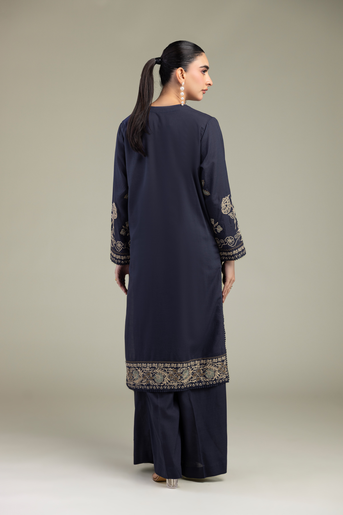 Embroidered Raw Silk Floral Navy Kurta - 1-26-309-B-D1-VG