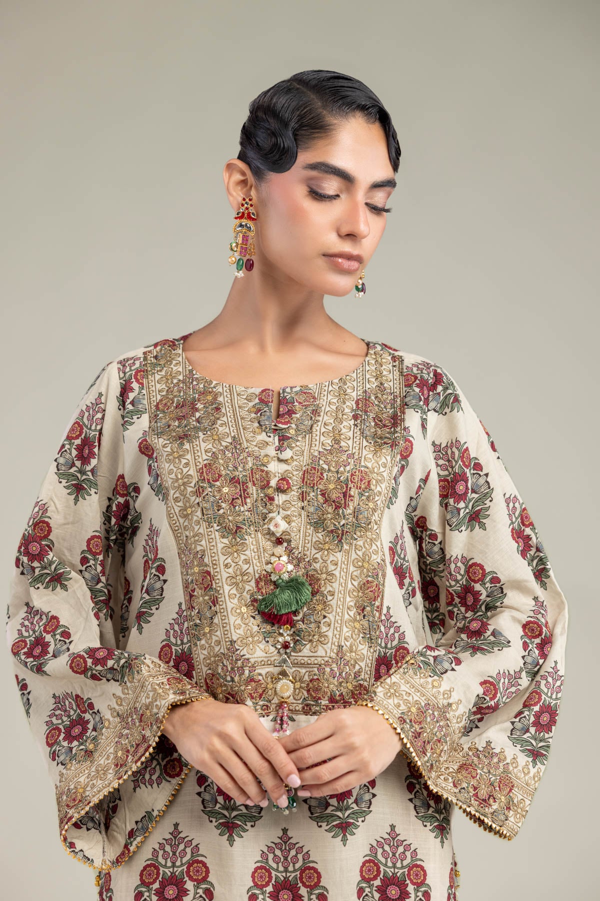 Embroidered Raw Silk Long Floral Kurta - B1-2-26-106-A-C-VG