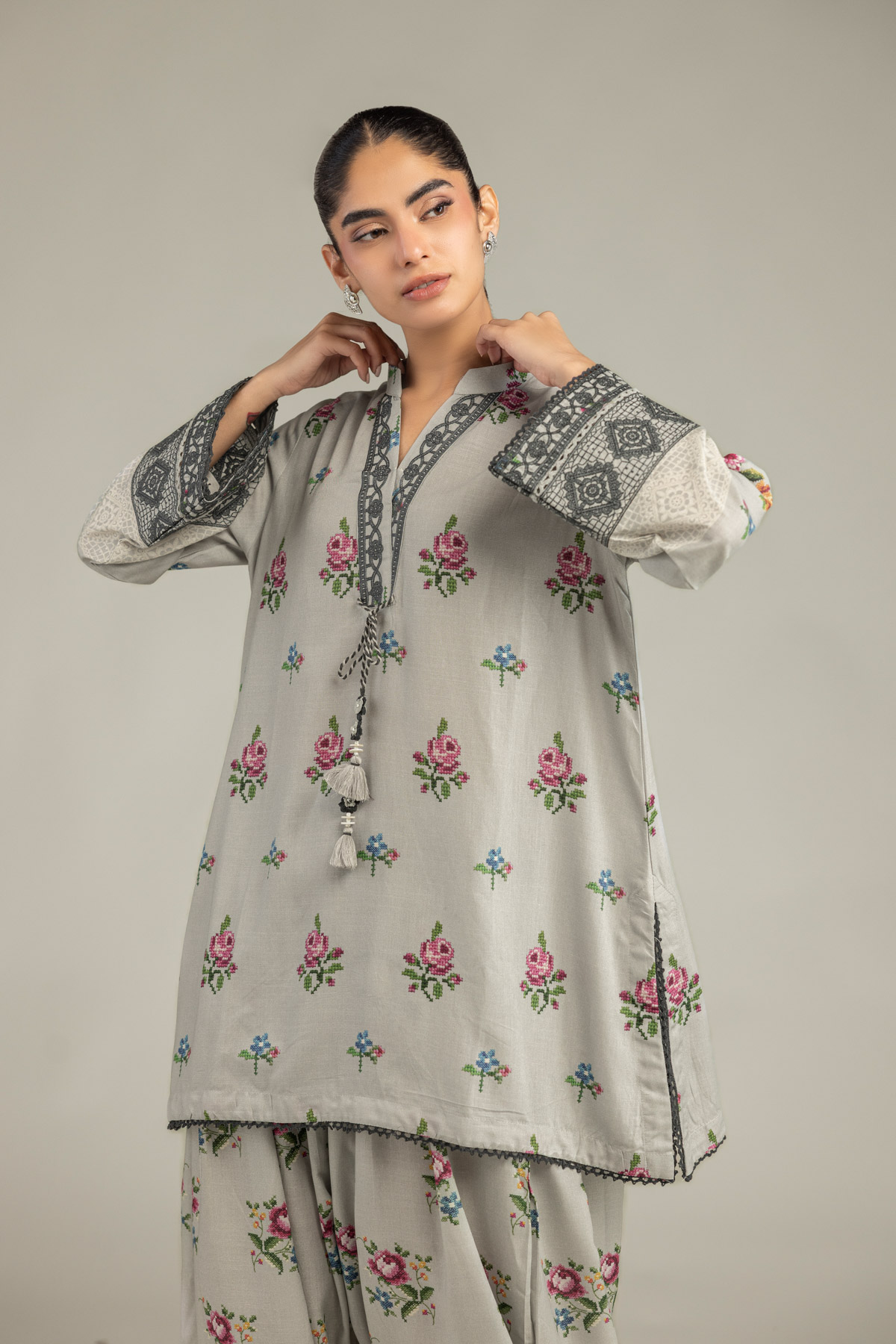 Embroidered Raw Silk Floral Gray Kurta - B1-2-26-106-A-C-VG