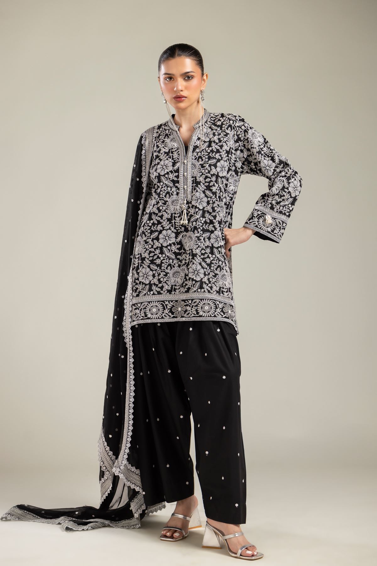 Embroidered Raw Silk 3 Piece Co-ord Set - T-A22-26-124FC1-VG