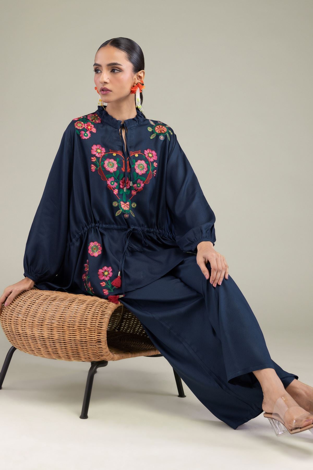 Embroidered Viscose Crepe Floral Navy Tunic - 6-26-202-A-A1-VG