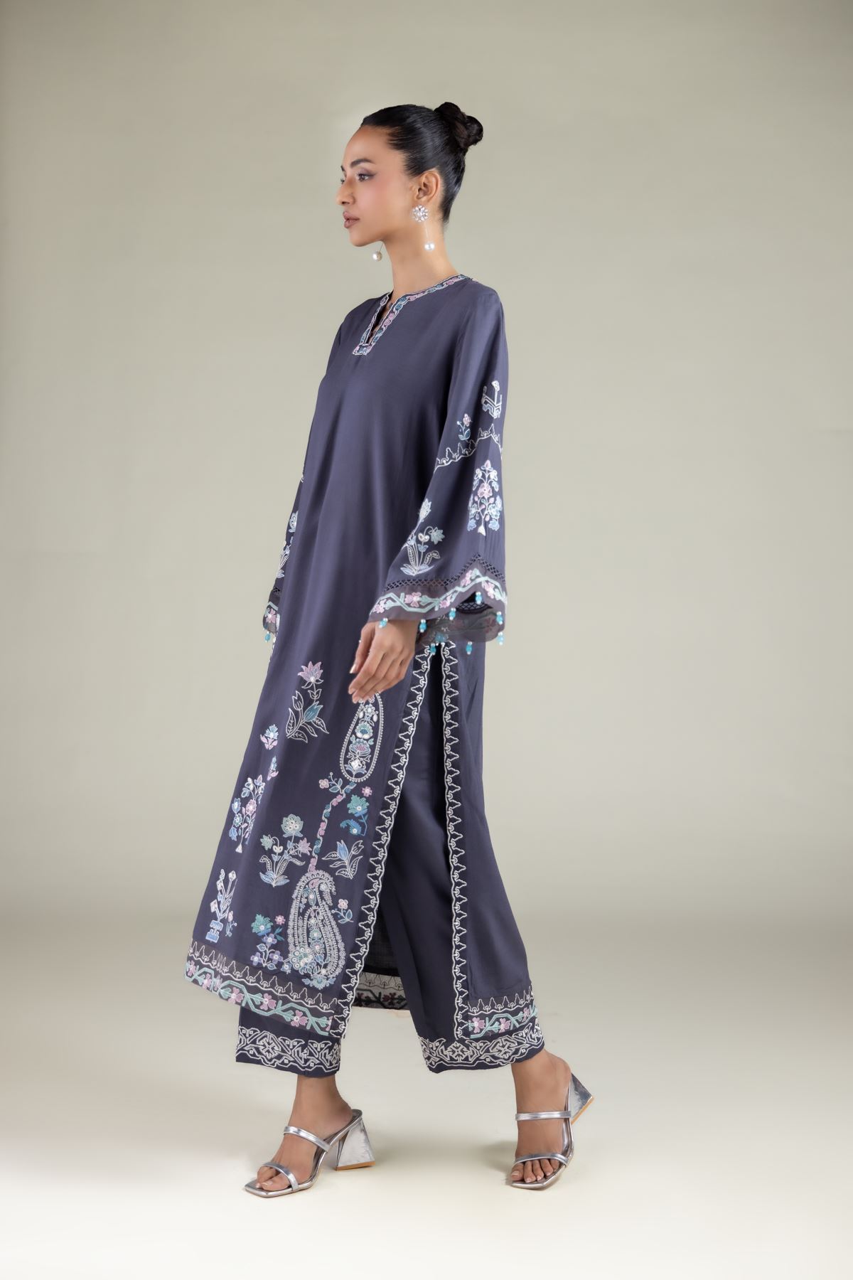 Embroidered Raw Silk Floral Lace Pants - 2-26-101-A-E-VG