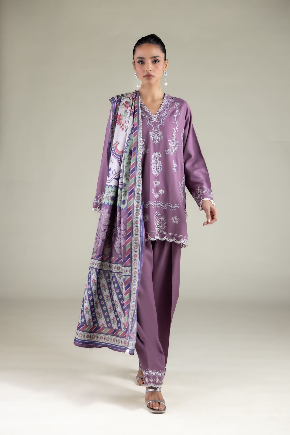 Embroidered Raw Silk Floral V-Neck Kurta - 2-26-105-A-D-VG