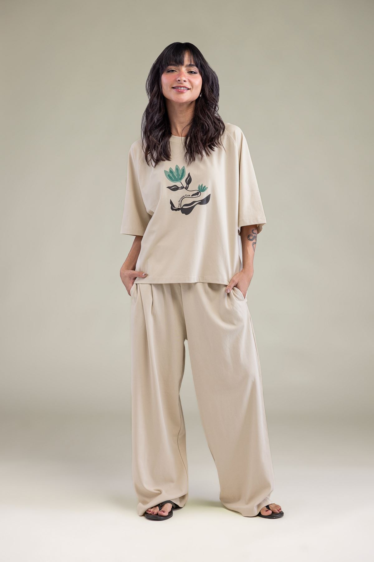 Embroidered Interlock Beige Trousers - 3-26-204-A-F1-VG
