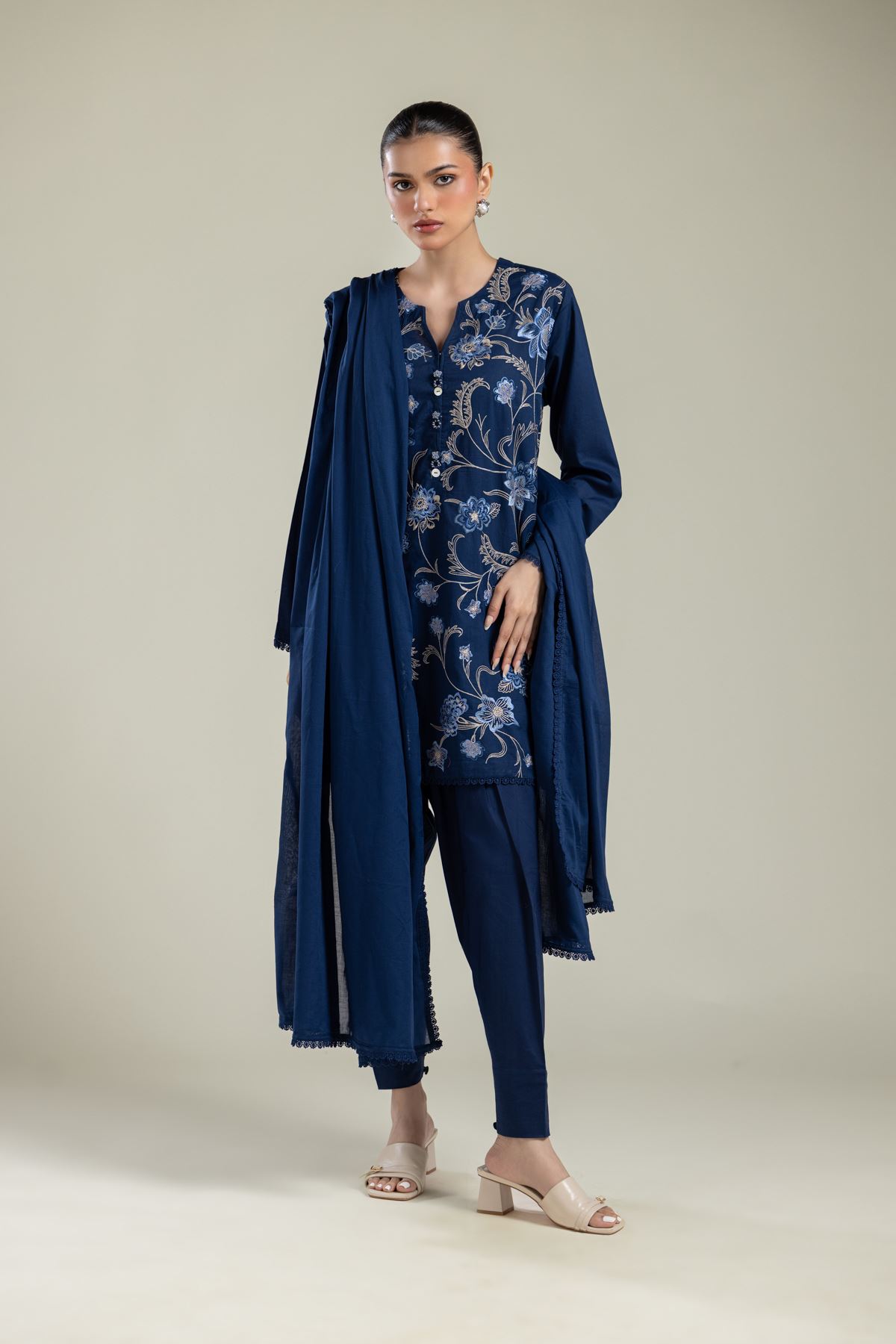 Embroidered Lawn Navy Lawn Dupatta - 1-26-139-A-F-VG