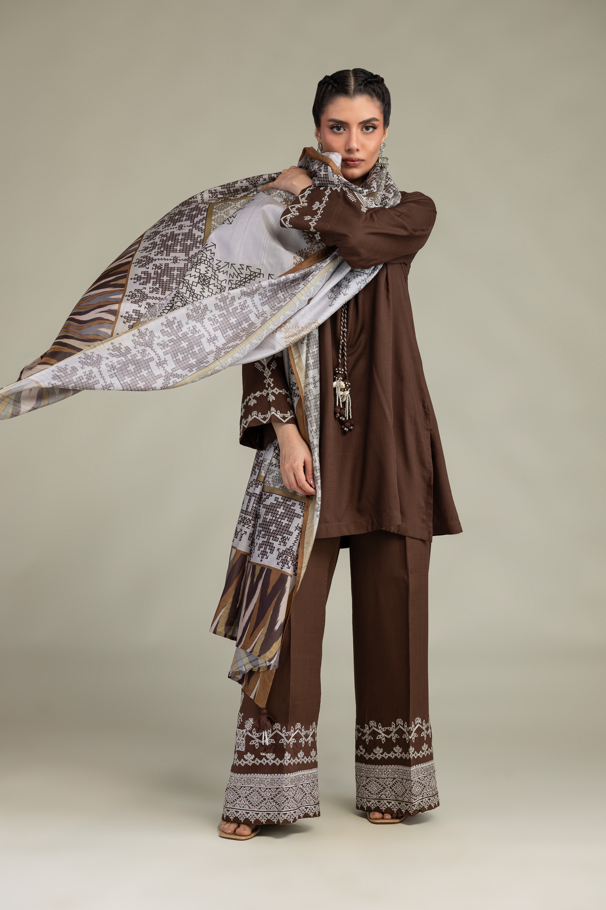 Embroidered Polyester Silk Brown Silk Dupatta - 1-26-102-A-F-VG