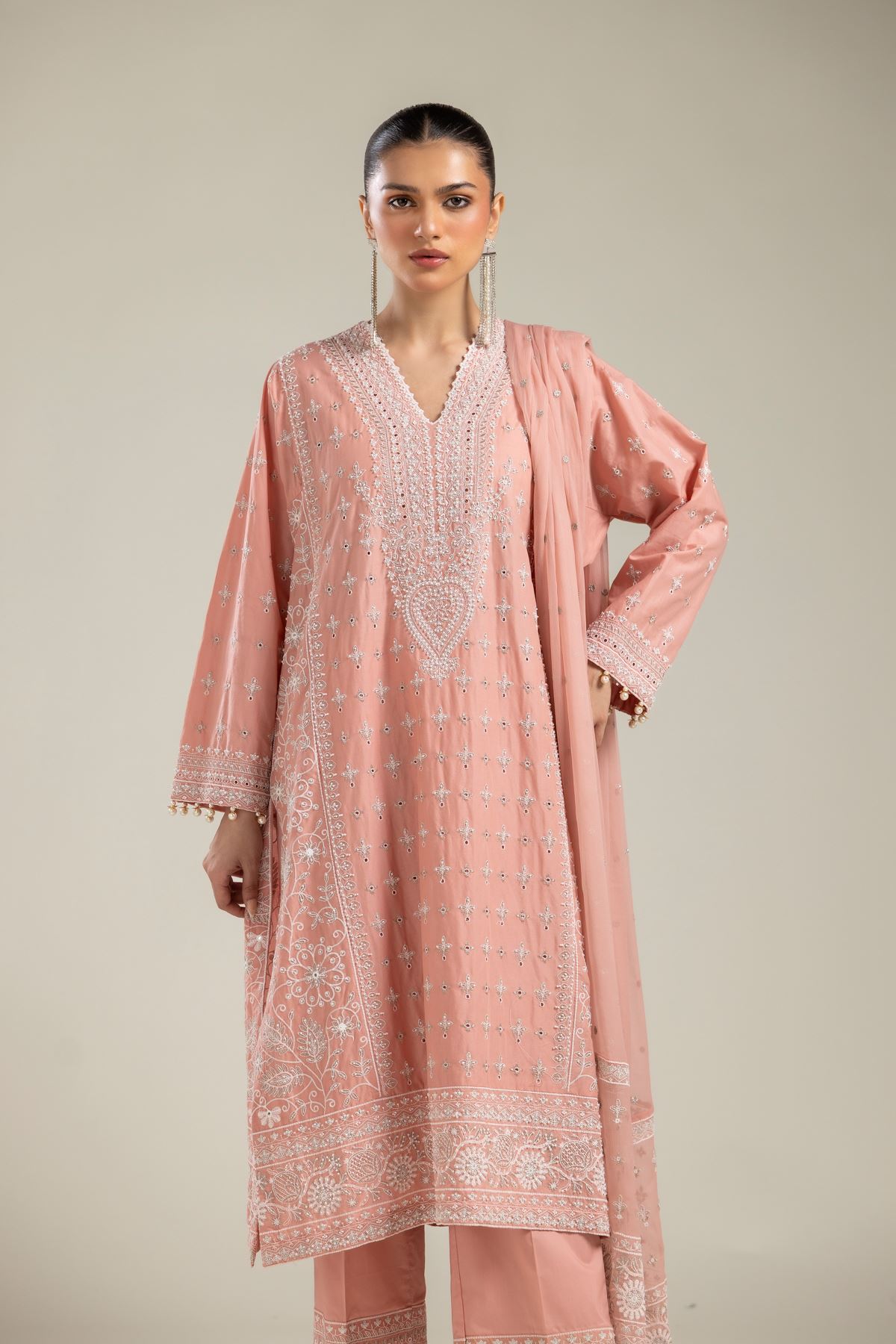 Embroidered Raw Silk 3 Piece Co-ord Set - 2-26-215-A-J-VG