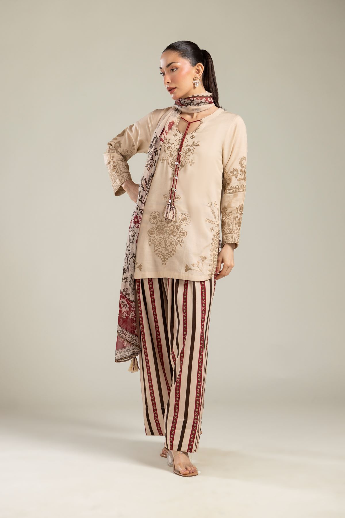 Embroidered Chiffon Floral Beige Dupatta - 2-26-202-A-D-VG